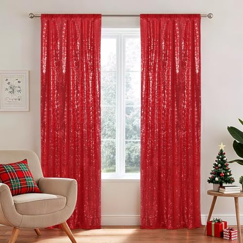2 PCS 2x8ft Red Sequin Backdrop Curtains Shimmer Background in 2FT x 8FT (2 Panels) in Red, alternate view 2
