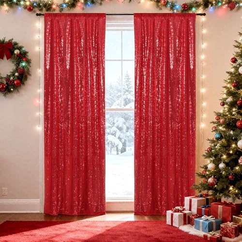 2 PCS 2x8ft Red Sequin Backdrop Curtains Shimmer Background in 2FT x 8FT (2 Panels) in Red, alternate view 3
