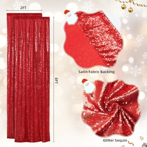 2 PCS 2x8ft Red Sequin Backdrop Curtains Shimmer Background in 2FT x 8FT (2 Panels) in Red, alternate view 6