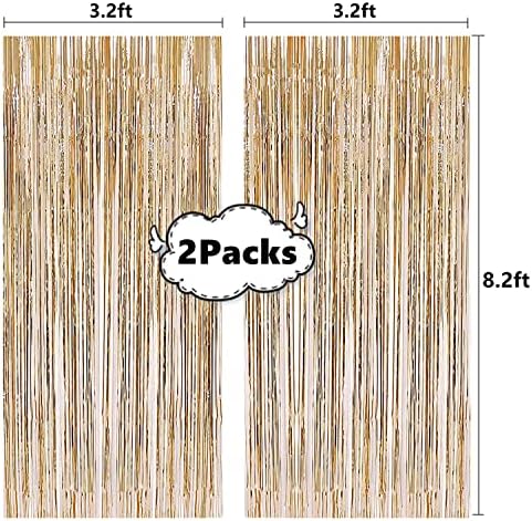 2 Pcs 3.2ft x 8.2ft Champagne Gold Metallic Tinsel Foil Fringe Curtains Photo Booth Backdrop for Baby Shower, alternate view