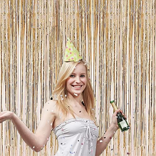 2 Pcs 3.2ft x 8.2ft Champagne Gold Metallic Tinsel Foil Fringe Curtains Photo Booth Backdrop for Baby Shower, alternate view