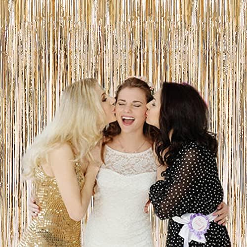 2 Pcs 3.2ft x 8.2ft Champagne Gold Metallic Tinsel Foil Fringe Curtains Photo Booth Backdrop for Baby Shower, alternate view