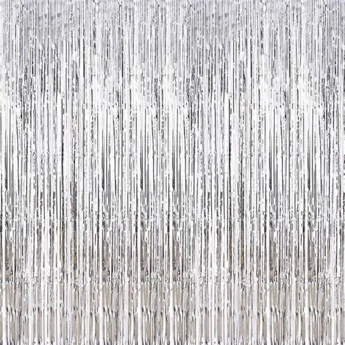 2 Pcs 3.2ft x 8.2ft Shiny Silver Metallic Tinsel Foil Fringe Curtains Photo Booth Backdrop for Birthday Wedding