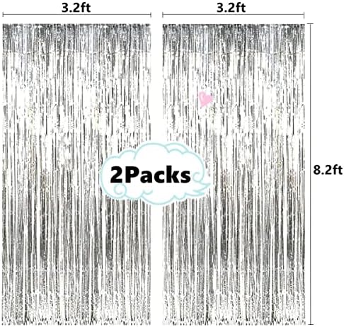 2 Pcs 3.2ft x 8.2ft Shiny Silver Metallic Tinsel Foil Fringe Curtains Photo Booth Backdrop for Birthday Wedding, alternate