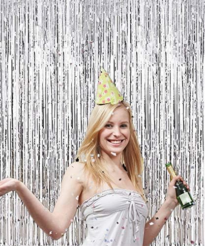 2 Pcs 3.2ft x 8.2ft Shiny Silver Metallic Tinsel Foil Fringe Curtains Photo Booth Backdrop for Birthday Wedding, alternate