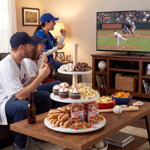 2 Pcs 3 Tier Baseball Serving Tray Wooden Baseball Cupcake Stand in White, alternate view 2