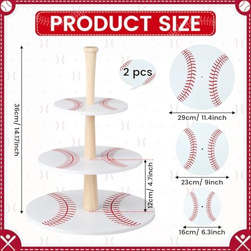 2 Pcs 3 Tier Baseball Serving Tray Wooden Baseball Cupcake Stand in White, alternate view 3
