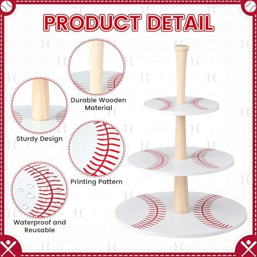 2 Pcs 3 Tier Baseball Serving Tray Wooden Baseball Cupcake Stand in White, alternate view 4