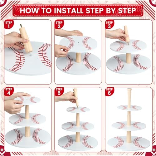 2 Pcs 3 Tier Baseball Serving Tray Wooden Baseball Cupcake Stand in White, alternate view 5