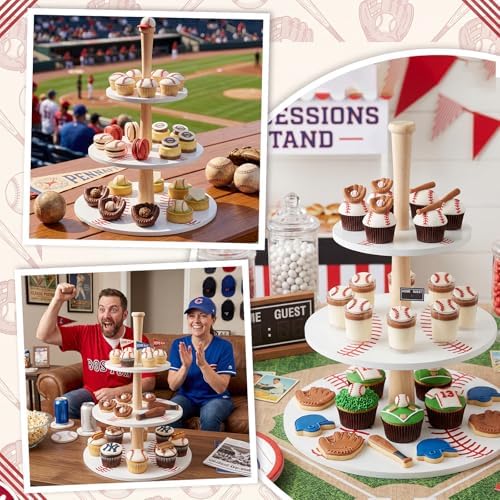 2 Pcs 3 Tier Baseball Serving Tray Wooden Baseball Cupcake Stand in White, alternate view 6