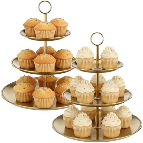 2 Pcs 3-Tier Cupcake Stand, Large Stainless Steel Tiered Serving Tray, 6.69/9.06/11.8 in Dessert Stand, Gold