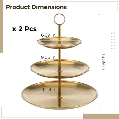 2 Pcs 3-Tier Cupcake Stand, Large Stainless Steel Tiered Serving Tray, 6.69/9.06/11.8 in Dessert Stand, Gold, alternate view