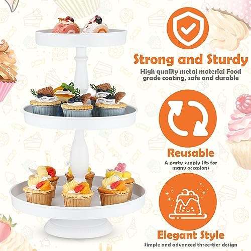 2 Pcs 3 Tier Cupcake Stand, Round Metal Dessert Tower, White in White, alternate view 4