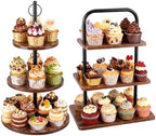 2 Pcs 3-Tier Cupcake Stand, Square & Round Wooden Dessert Display in Brown