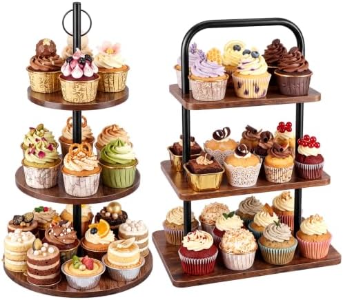 2 Pcs 3-Tier Cupcake Stand, Square & Round Wooden Dessert Display in Brown