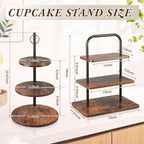 2 Pcs 3-Tier Cupcake Stand, Square & Round Wooden Dessert Display in Brown, alternate view 3