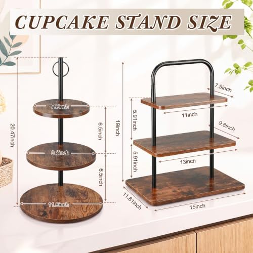 2 Pcs 3-Tier Cupcake Stand, Square & Round Wooden Dessert Display in Brown, alternate view 3
