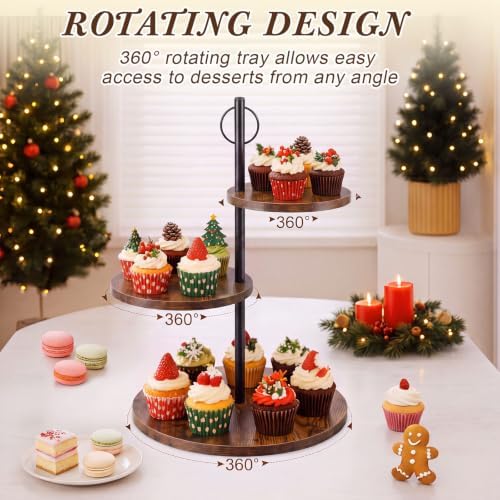 2 Pcs 3-Tier Cupcake Stand, Square & Round Wooden Dessert Display in Brown, alternate view 5
