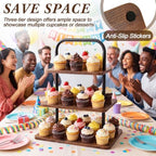 2 Pcs 3-Tier Cupcake Stand, Square & Round Wooden Dessert Display in Brown, alternate view 6
