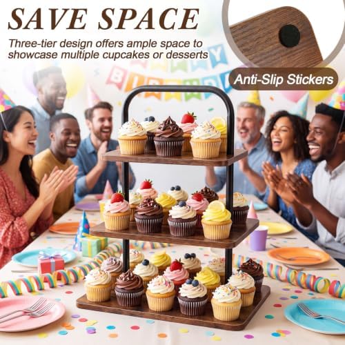 2 Pcs 3-Tier Cupcake Stand, Square & Round Wooden Dessert Display in Brown, alternate view 6