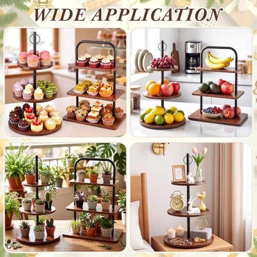 2 Pcs 3-Tier Cupcake Stand, Square & Round Wooden Dessert Display in Brown, alternate view 7