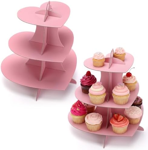 2 Pcs 3 Tier Pink Cupcakes Stand Heart Cardboard Cupcake Stand in Pink