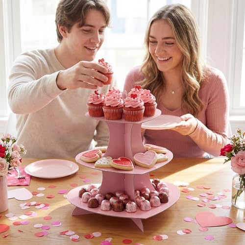 2 Pcs 3 Tier Pink Cupcakes Stand Heart Cardboard Cupcake Stand in Pink, alternate view 2