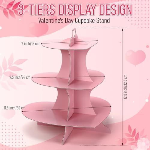 2 Pcs 3 Tier Pink Cupcakes Stand Heart Cardboard Cupcake Stand in Pink, alternate view 3