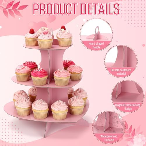 2 Pcs 3 Tier Pink Cupcakes Stand Heart Cardboard Cupcake Stand in Pink, alternate view 4