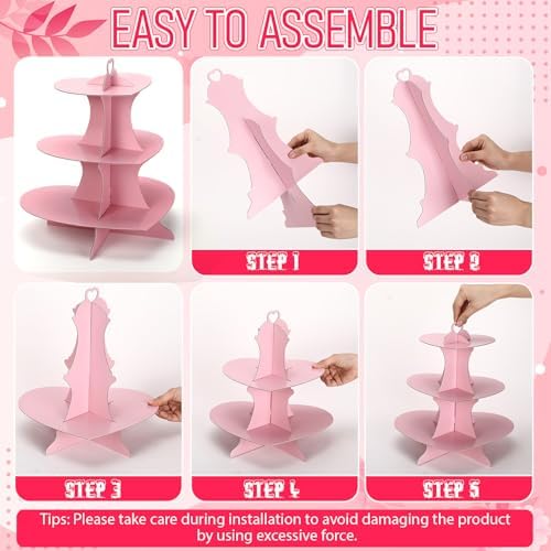 2 Pcs 3 Tier Pink Cupcakes Stand Heart Cardboard Cupcake Stand in Pink, alternate view 6
