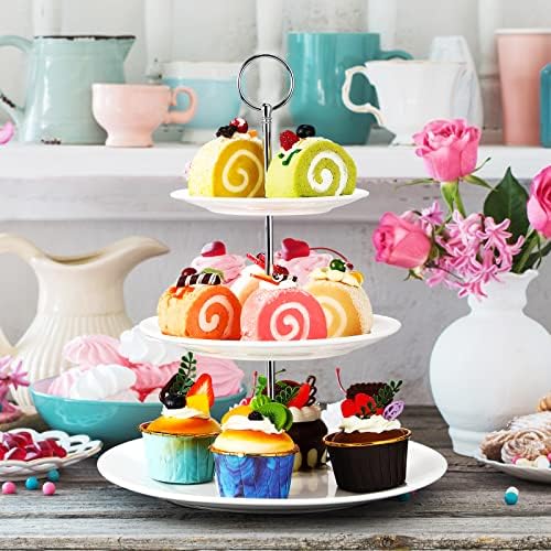 2 Pcs 3 Tier Porcelain Cupcake Stand, Holder Tower, Delicate Round Shape in White, alternate view 2