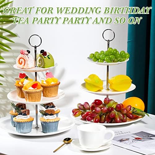 2 Pcs 3 Tier Porcelain Cupcake Stand, Holder Tower, Delicate Round Shape in White, alternate view 4