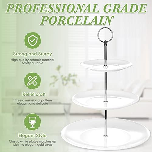2 Pcs 3 Tier Porcelain Cupcake Stand, Holder Tower, Delicate Round Shape in White, alternate view 5