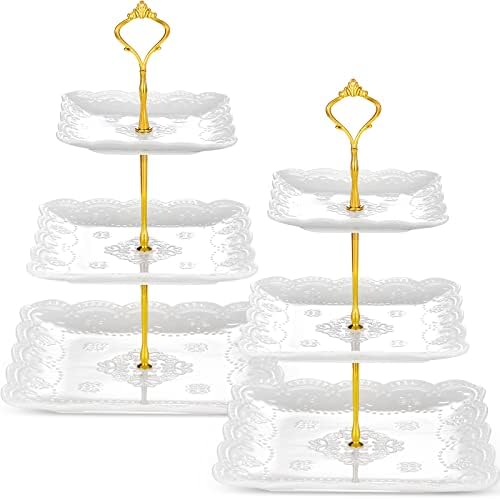 2 Pcs 3 Tier Porcelain Cupcake Stand, Holder Tower, Lace Square Shape in Gold, White