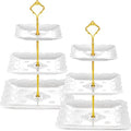 2 Pcs 3 Tier Porcelain Cupcake Stand, Holder Tower, Lace Square Shape in Gold, White