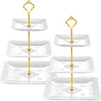 2 Pcs 3 Tier Porcelain Cupcake Stand, Holder Tower, Lace Square Shape in Gold, White