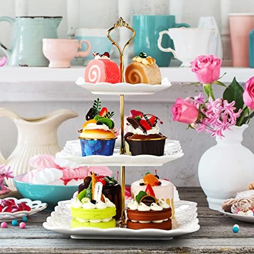 2 Pcs 3 Tier Porcelain Cupcake Stand, Holder Tower, Lace Square Shape in Gold, White, alternate view 2