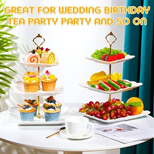 2 Pcs 3 Tier Porcelain Cupcake Stand, Holder Tower, Lace Square Shape in Gold, White, alternate view 4