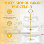 2 Pcs 3 Tier Porcelain Cupcake Stand, Holder Tower, Lace Square Shape in Gold, White, alternate view 5