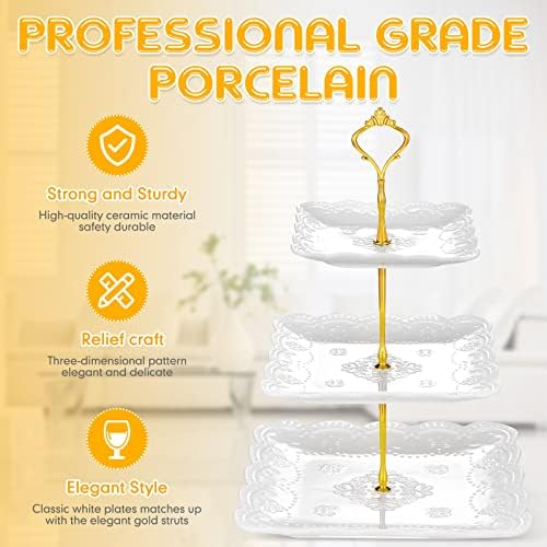 2 Pcs 3 Tier Porcelain Cupcake Stand, Holder Tower, Lace Square Shape in Gold, White, alternate view 5