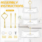 2 Pcs 3 Tier Porcelain Cupcake Stand, Holder Tower, Lace Square Shape in Gold, White, alternate view 6
