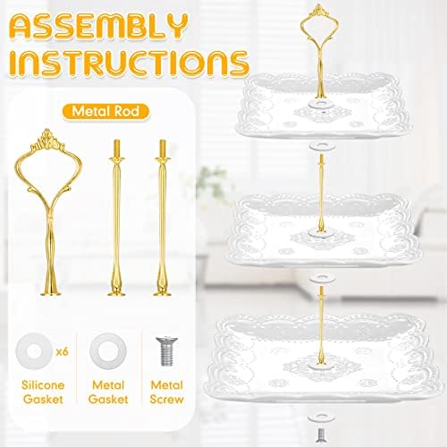 2 Pcs 3 Tier Porcelain Cupcake Stand, Holder Tower, Lace Square Shape in Gold, White, alternate view 6
