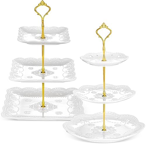 2 Pcs 3 Tier Porcelain Cupcake Stand Round and Square White Ceramic Cake Stand 3 Tier Serving Tray Tiered