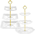 2 Pcs 3 Tier Porcelain Cupcake Stand Round and Square White Ceramic Cake Stand 3 Tier Serving Tray Tiered