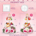 2 Pcs 3 Tier Porcelain Cupcake Stand Round and Square White Ceramic Cake Stand 3 Tier Serving Tray Tiered, alternate view 3