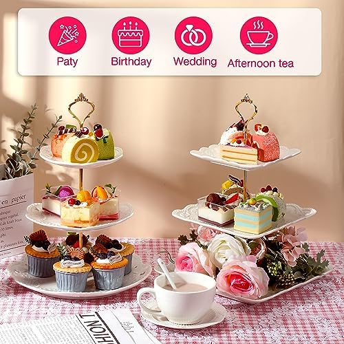 2 Pcs 3 Tier Porcelain Cupcake Stand Round and Square White Ceramic Cake Stand 3 Tier Serving Tray Tiered, alternate view 4