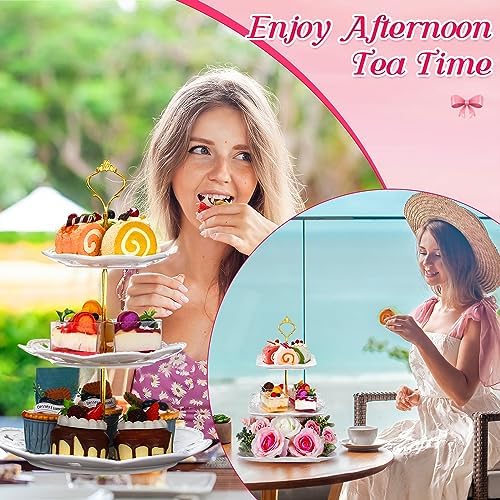 2 Pcs 3 Tier Porcelain Cupcake Stand Round and Square White Ceramic Cake Stand 3 Tier Serving Tray Tiered, alternate view 6
