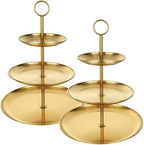 2 Pcs 3 Tier Stainless Steel Cupcake Stand in 11.8(Base Tray Diameter) x 13.3(H) Inch in Gold