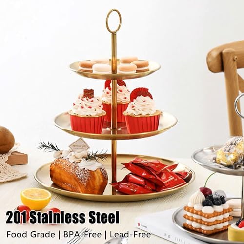 2 Pcs 3 Tier Stainless Steel Cupcake Stand in 11.8(Base Tray Diameter) x 13.3(H) Inch in Gold, alternate view 2