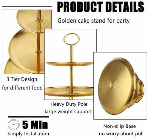 2 Pcs 3 Tier Stainless Steel Cupcake Stand in 11.8(Base Tray Diameter) x 13.3(H) Inch in Gold, alternate view 5